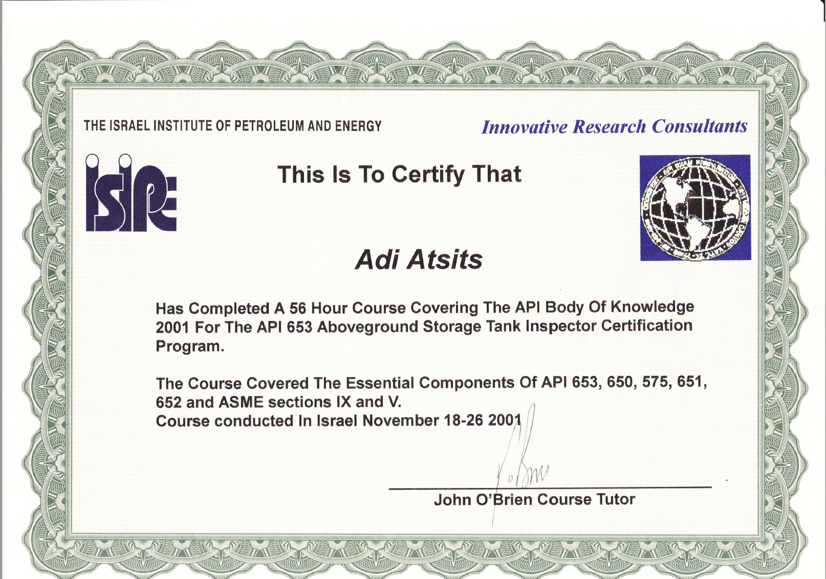 Authorized Inspector of Fuel Storage Tanks API 653